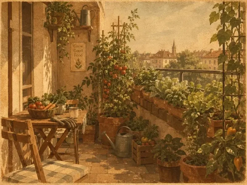 复古插画风格的阳台种菜场景